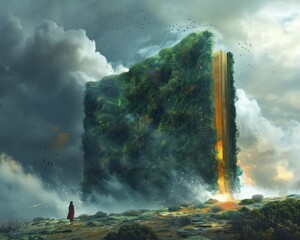 Wall Mural - Create a surrealistic painting of a person standing in front of a giant, open book, with imaginative scenes coming to life from the pages.