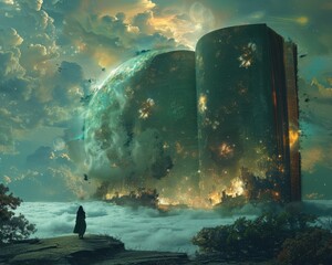 Wall Mural - Create a surrealistic painting of a person standing in front of a giant, open book, with imaginative scenes coming to life from the pages.