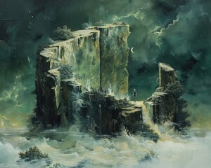 Wall Mural - Create a surrealistic painting of a person standing in front of a giant, open book, with imaginative scenes coming to life from the pages.