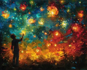 Wall Mural - Create a surrealistic painting of a person juggling glowing orbs, each orb representing a different innovative idea.