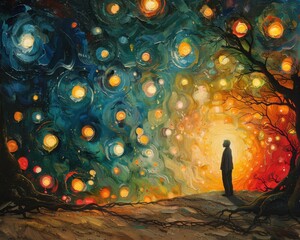 Wall Mural - Create a surrealistic painting of a person juggling glowing orbs, each orb representing a different innovative idea.