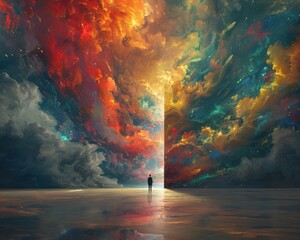 Wall Mural - Create a surrealistic painting of a person standing in front of a giant door that opens to reveal a vast, colorful universe of ideas.
