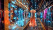 © Nuth - Futuristic virtual reality shopping experience in a high-tech store with digital clothing displays and advanced interface technology.
