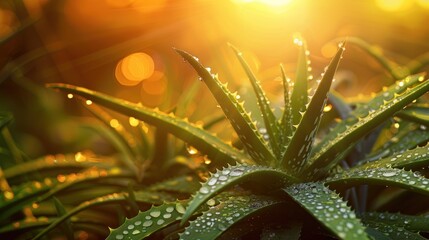 Wall Mural - Aloe Vera Plant with Dew Drops in Sunlight