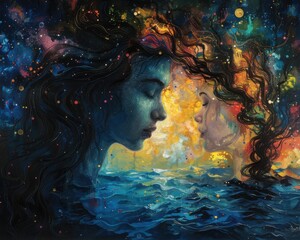 Wall Mural - create a surrealistic painting of a couple looking into each other's eyes, with their surroundings t