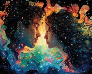 Wall Mural - create a surrealistic painting of a couple looking into each other's eyes, with their surroundings t