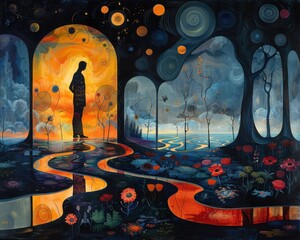 Wall Mural - create a surrealistic painting of a person looking into a mirror that reflects their lover standing 