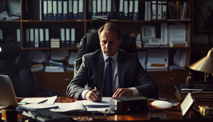 Canvas Print - A man in a suit is sitting at a desk with a computer monitor in front of him