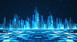 © natrot - Cityscape on dark blue background with bright glowing neon. Technology city background