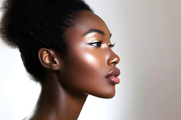 Canvas Print - Black woman, facial profile and beauty in studio, isolated white background and mockup, Female model, face side and dermatology for skincare, aesthetic makeup and natural cosmetics for salon wellness