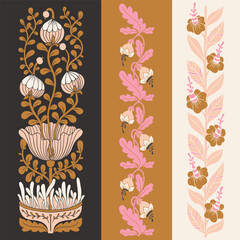 Vector set of borders, colorful symmetry flowers composition isolated on background. Folk art style illustration