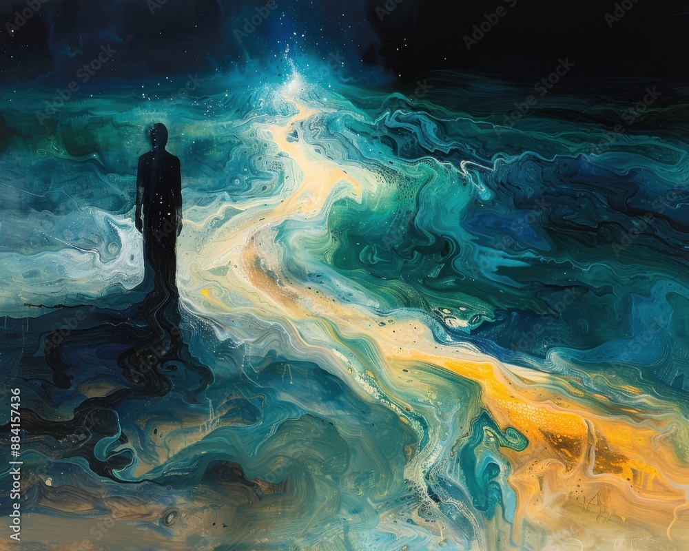 Surrealist Deep Rivers Create a surrealistic painting of a person standing at the edge of a ...
