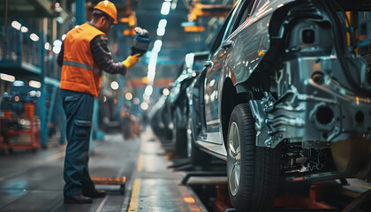 Wall Mural - A man is taking a picture of a car that is being built in a factory