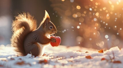 Sticker - A Red Squirrel Eating an Apple in the Winter Snow