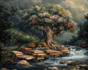 Wall Mural - Create a surrealistic painting of a tree that grows books as leaves, each one containing a different story of the forest.