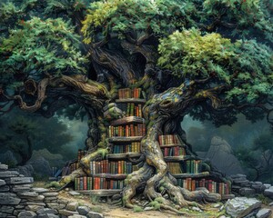 Wall Mural - Create a surrealistic painting of a tree that grows books as leaves, each one containing a different story of the forest.