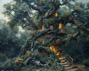 Wall Mural - Create a surrealistic painting of a tree that grows books as leaves, each one containing a different story of the forest.