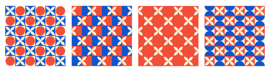 Poster - Trendy set retro geometric seamless patterns with colorful semicircles, flowers and squares. Modern abstract background. Red, beige and blue colors. Vector illustration