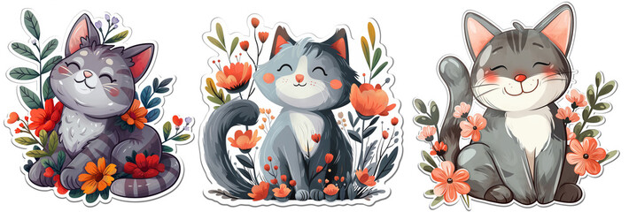 Wall Mural - cute lovely cartoon cat smiling sitting in flower blossom garden sticker illustration, spring and summer collection set,  PNG die cut isolated transparent background