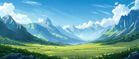 Wall Mural - valley vista, picturesque background with mountains, blue sky, and grassy expanse, perfect for text 