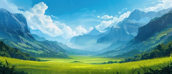Wall Mural - mountain meadow, scenic valley background with blue sky and lush grass, ideal for text placement, a 