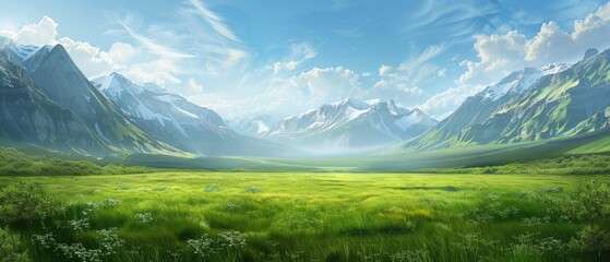 Wall Mural - Rolling Hills, picturesque valley background with mountains, blue sky, and grassy expanse, a beautiful and tranquil atmosphere