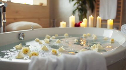 Person enjoying a hot bath with candles and relaxing music Stock Photo with copy space