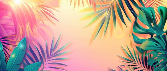 Wall Mural - tropical oasis, colourful abstract summer background with bright sun and tropical leaves, a warm and