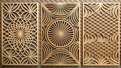 Wall Mural - Laser cut panel set. Vector template with trendy abstract geometric pattern, curve lines, ripple surface. Decorative stencil for laser cutting of wood, metal, plastic, cnc. Aspect ratio 1:2, 1:1, 3:2