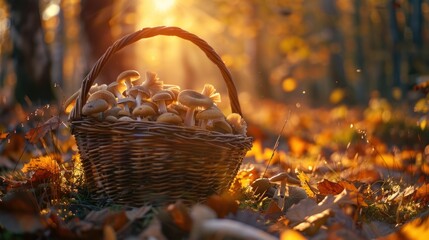 Sticker - Basket of Mushrooms in Autumn Forest