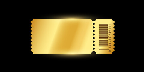 Wall Mural - Golden ticket. Gold vector coupon, sticker or discount tag mockup isolated on black background. Cinema, theater, concert, party, event, festival invitation entrance.