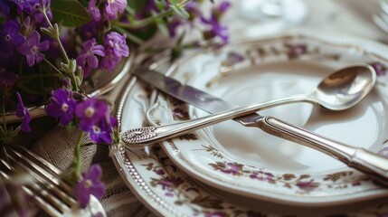 Spring themed table setting with purple flowers and vintage silverware in close up view