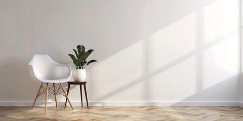 Minimalist interior design of modern living room with white wall and wooden floor, empty space for mockup or artwork. White chair near the side table with plant on it. Simple home decor.