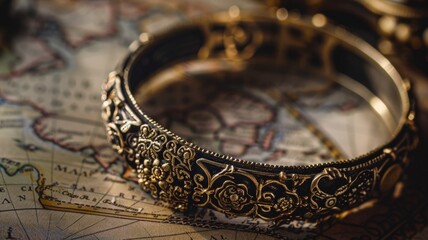 Detailed view of an ornate antique magnifying glass resting on a vintage map, symbolizing exploration and discovery