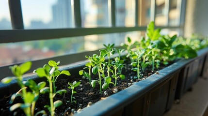 Wall Mural - Fresh Green Sprouts in a Window Box