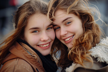 Wall Mural - Two girls are smiling and one has a happy friendship poster on the front of them High defination