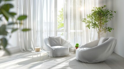 A living room with two white chairs and a potted plant