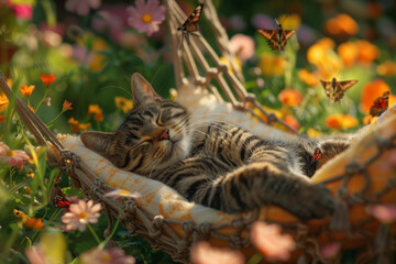 Tabby cat relaxing in hammock with butterflies in flower garden