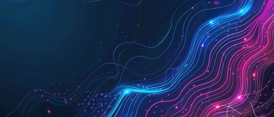 abstract colorful technology background featuring flowing lines and dots on a dark blue backdrop, id