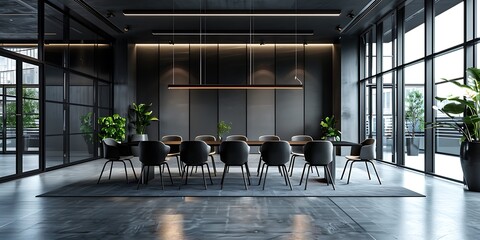 Wall Mural - Modern office interior with a black table, chairs and glass windows. Minimalist business or corporate space design concept.