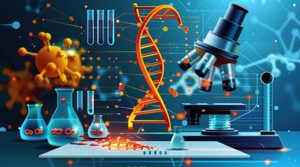 Wall Mural - Biotechnology, DNA strands and lab equipment, flat design illustration