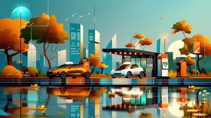 Wall Mural - Clean energy, hydrogen fuel cells, flat design illustration