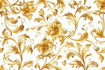 A seamless background featuring ornate gold floral designs on a white backdrop, creating a luxurious and elegant pattern ideal for festive and sophisticated designs