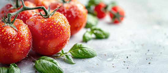 Close-up of fresh tomatoes on a twig and green basil on light grey table background, frame composition, copy space. Food banner.