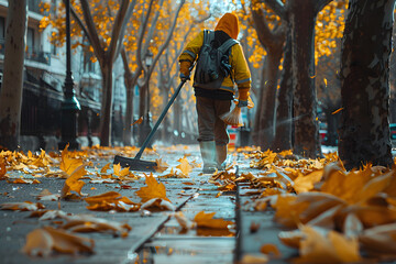 A street cleaner sweeping leaves off the sidewalk. Concept of public service and diligence. 