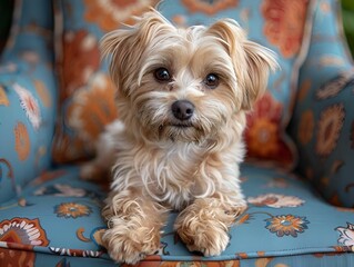 Canvas Print - AI generated illustration of a cute small dog sitting on a colorful patterned chair