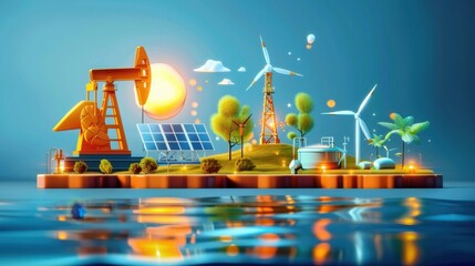 Wall Mural - Energy independence, oil fields and solar panels, flat design illustration