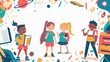 © Nicholas - A lively and detailed illustration with students carrying backpacks surrounded by various school-related items and symbols, capturing the excitement of school life.