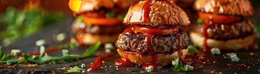 Poster - Delicious gourmet burgers with juicy patties, fresh buns, and tomato slices, garnished with greens and sauce, served on a wooden table.