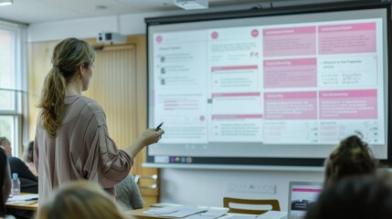 Lecturer using light pink themed presentation slides